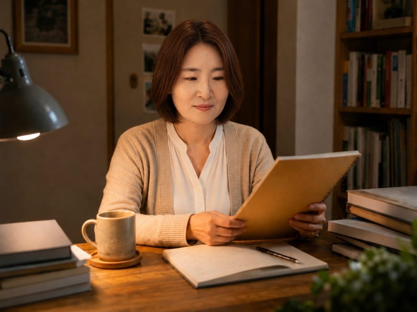 집 책상에서 공무원이 되었던 이유를 돌아보는 여성 공무원