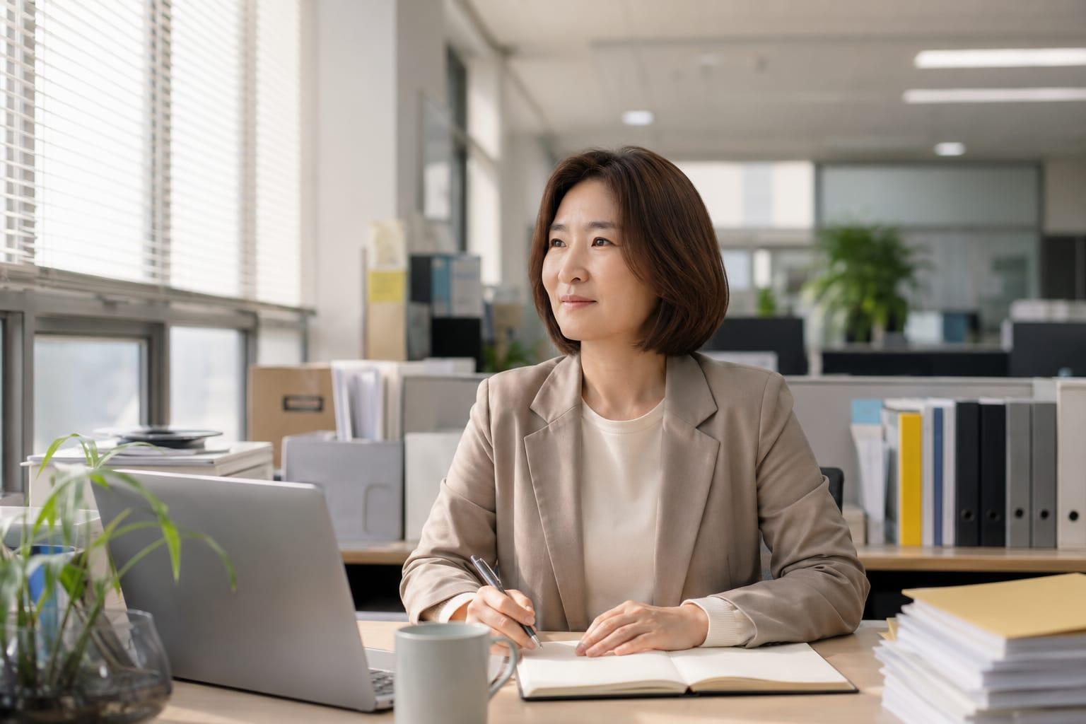 아침 사무실에서 공직 생활의 의미를 생각하는 여성 공무원