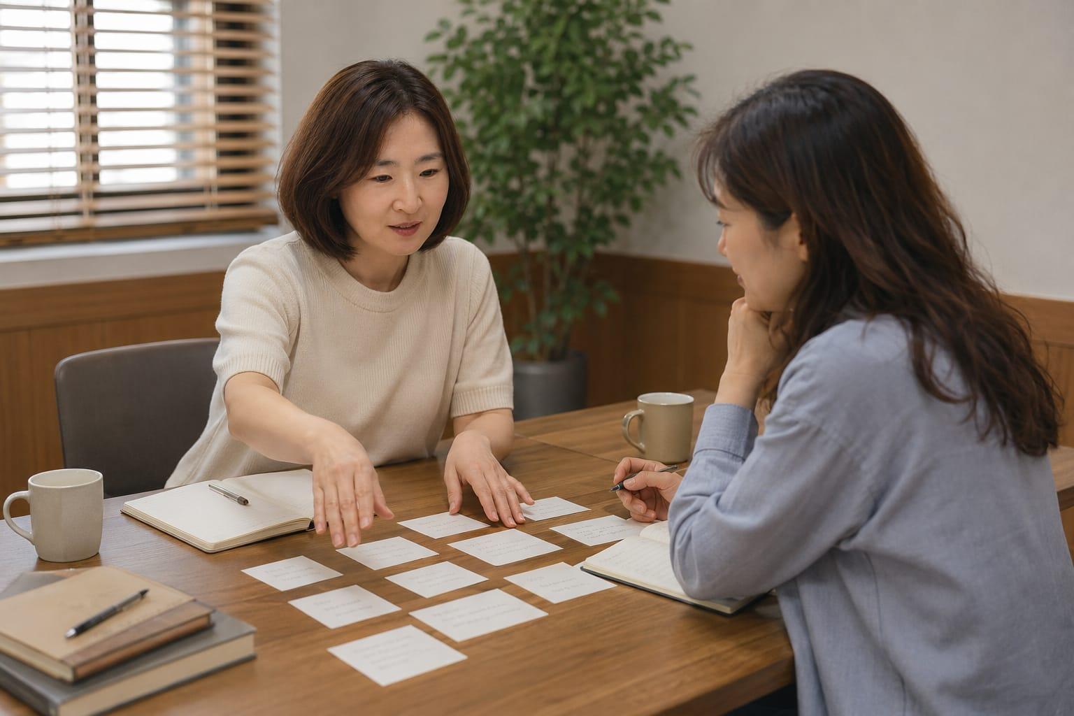 조용한 상담 공간에서 두 여성이 삶의 이야기 카드를 함께 정리하는 모습