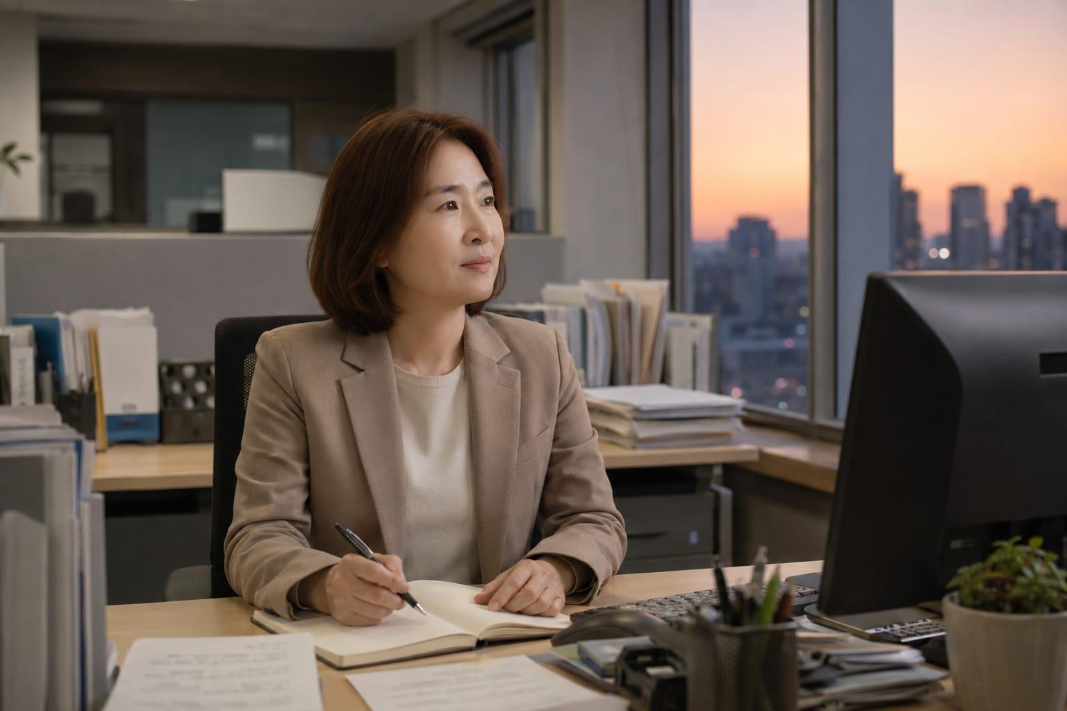퇴근 후 조용한 사무실에서 자신의 삶을 돌아보는 50대 여성 공무원