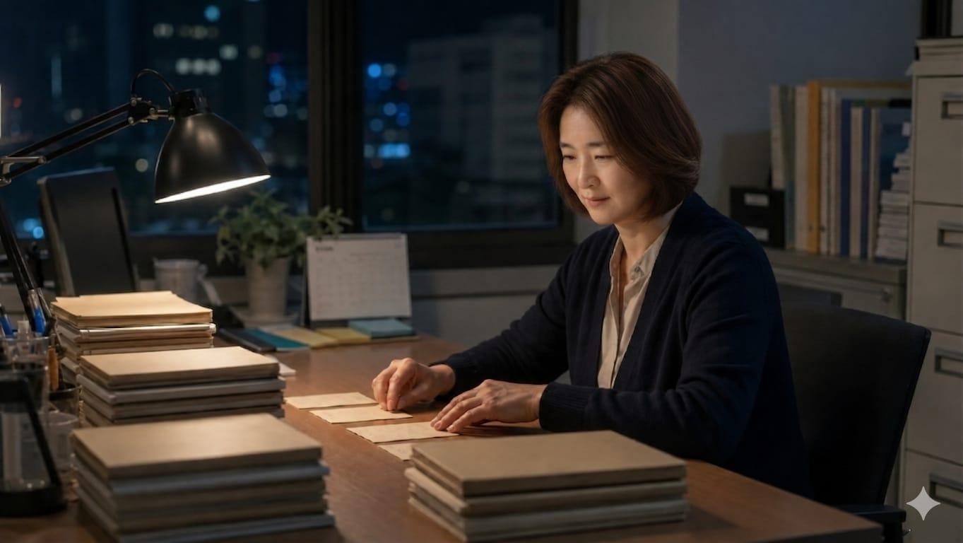 늦은 밤 사무실 책상에서 반복되는 업무 패턴을 정리하는 여성 공무원