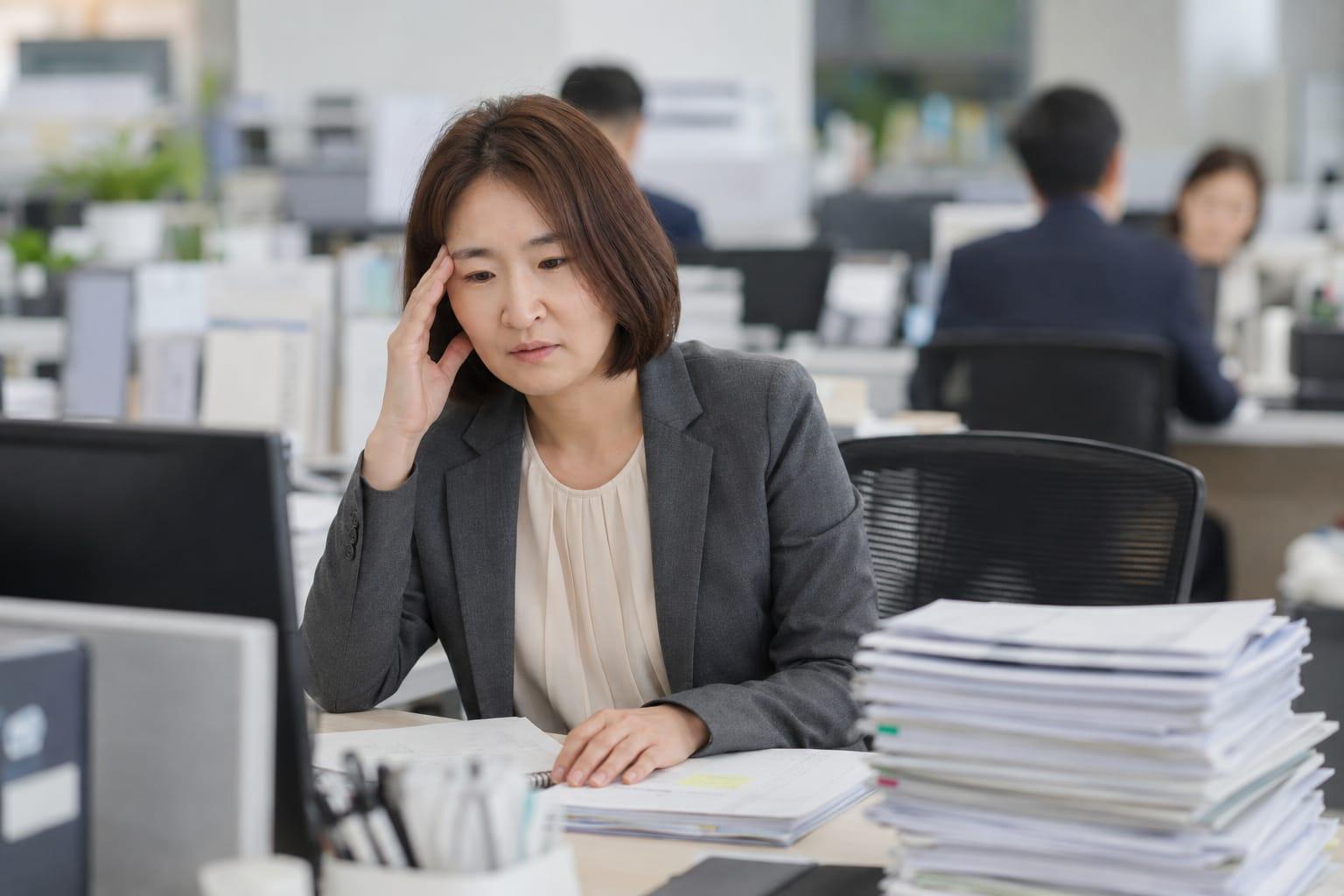 민원과 서류가 쌓인 사무실에서 조용히 지친 표정의 여성 공무원